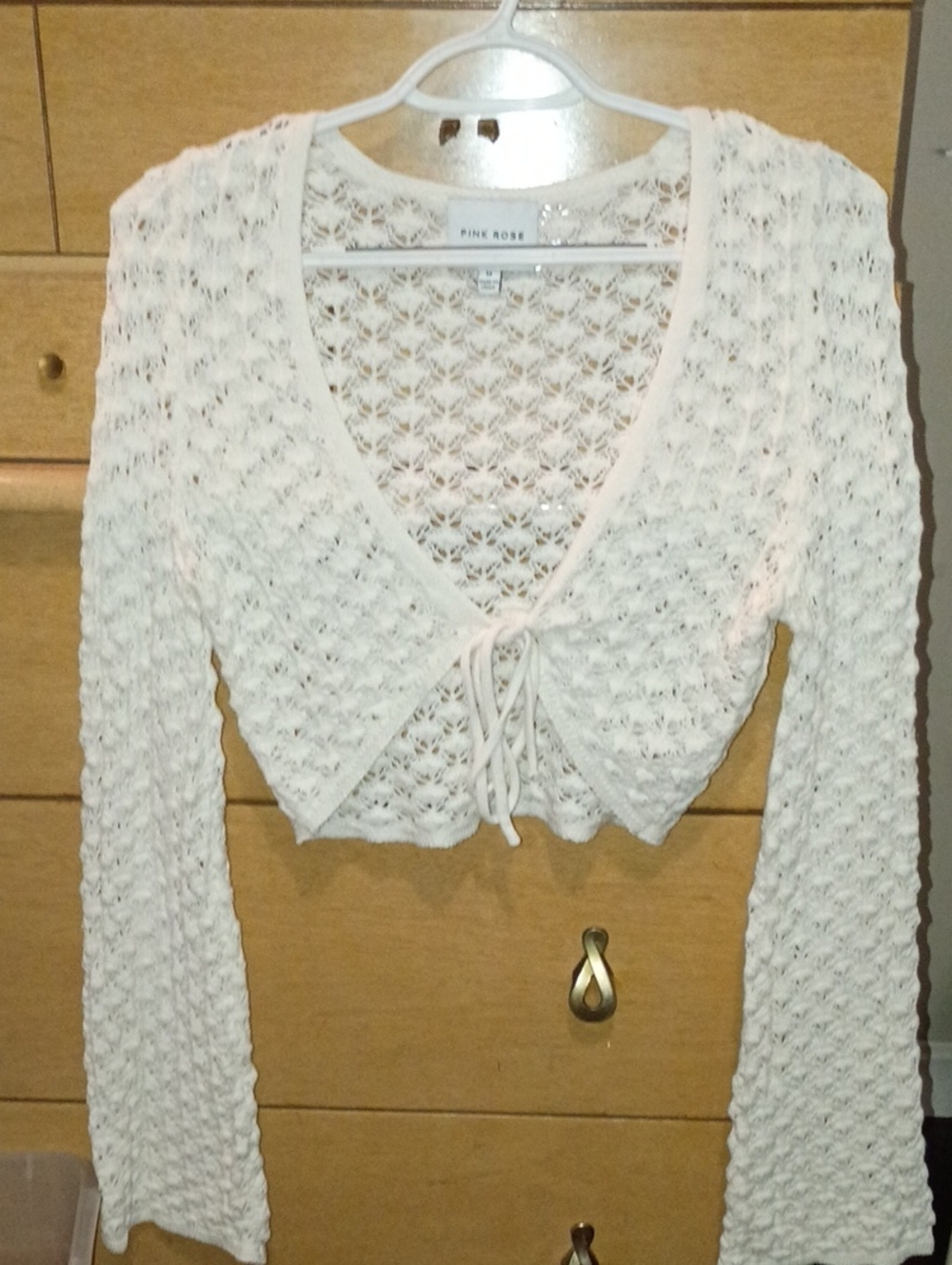Pink Rose Ivory Crochet Tie-Front Cropped Sweater